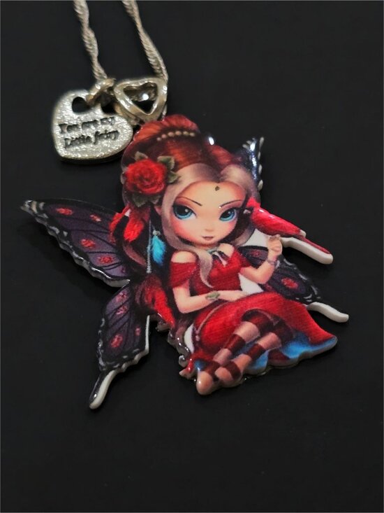 Hand Crafted ✦ Fairy Girl Acrylic Pendant Necklace ✦ Red Rose Silver Chain NWT - Picture 5 of 7